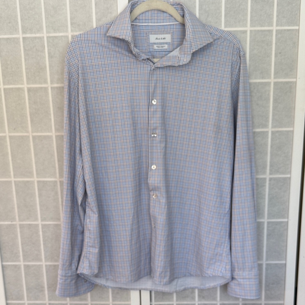 Porter and Ash Men’s Button Up Light Blue and White Checkered Dress Shirt Size M